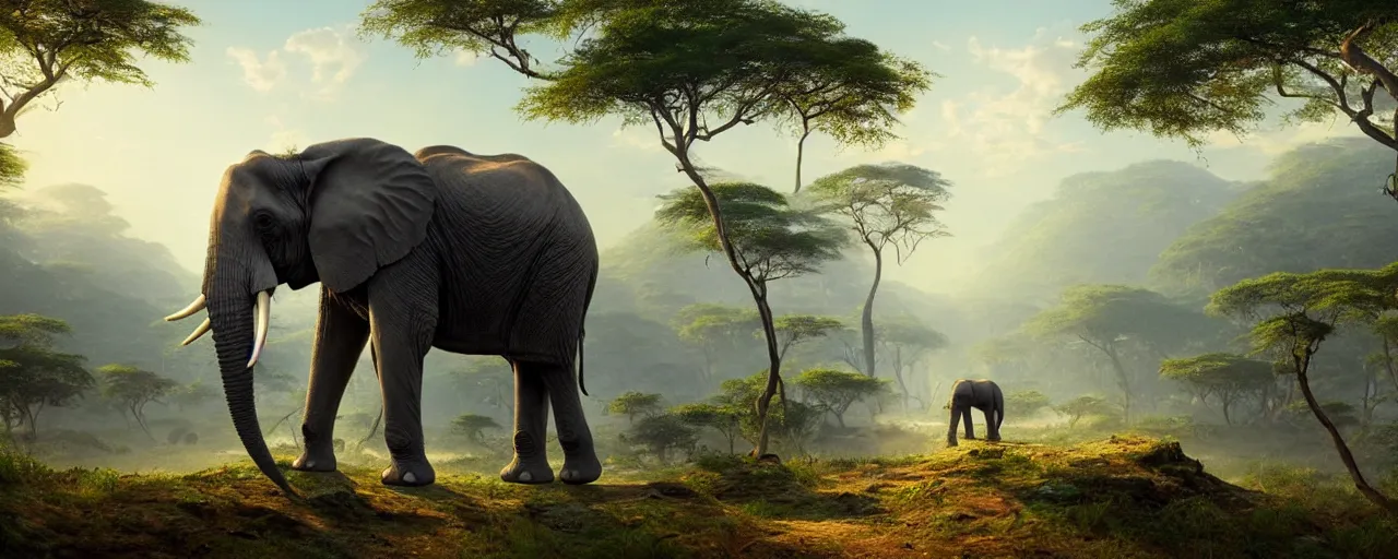 Image similar to an African elephant standing on it's hind legs in the jungle, beautiful dynamic lighting, cinematic, wide angle establishing shot, extremely high detail, photo realistic, cinematic lighting, post processed, concept art, artstation, matte painting, style by frederic church, raphael lacoste, unreal engine 8k