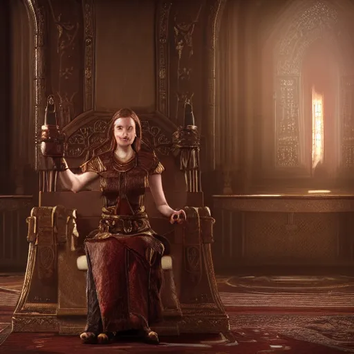 Image similar to the elder scrolls vi, charismatic regal brunette female jarl, portrait, throne room, atmospheric lighting, painted, intricate, volumetric lighting, beautiful, daytime, sunny weather, slight overcast, sharp focus, deep colours, ultra detailed, by leesha hannigan, ross tran, thierry doizon, kai carpenter, ignacio fernandez rios