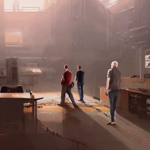 Prompt: scene of elon musk, mark zuckerberg, jeff bezos, in meeting together, very detailed, art contest winner on behance, trendy on deviant art, by artgem, greg rutkowski