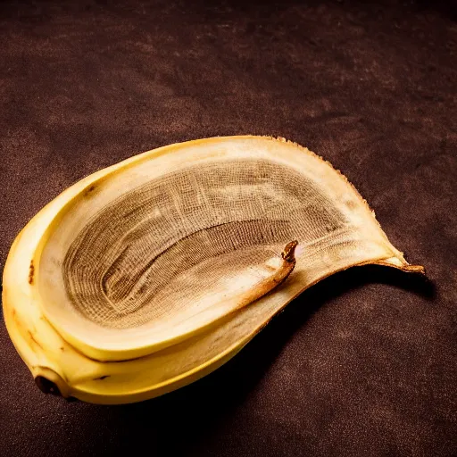 Prompt: commercial shot of the dusty old banana peel you found behind your couch, dramatic beautiful lighting, 8k photgraphy, 50mm f1.8, macro