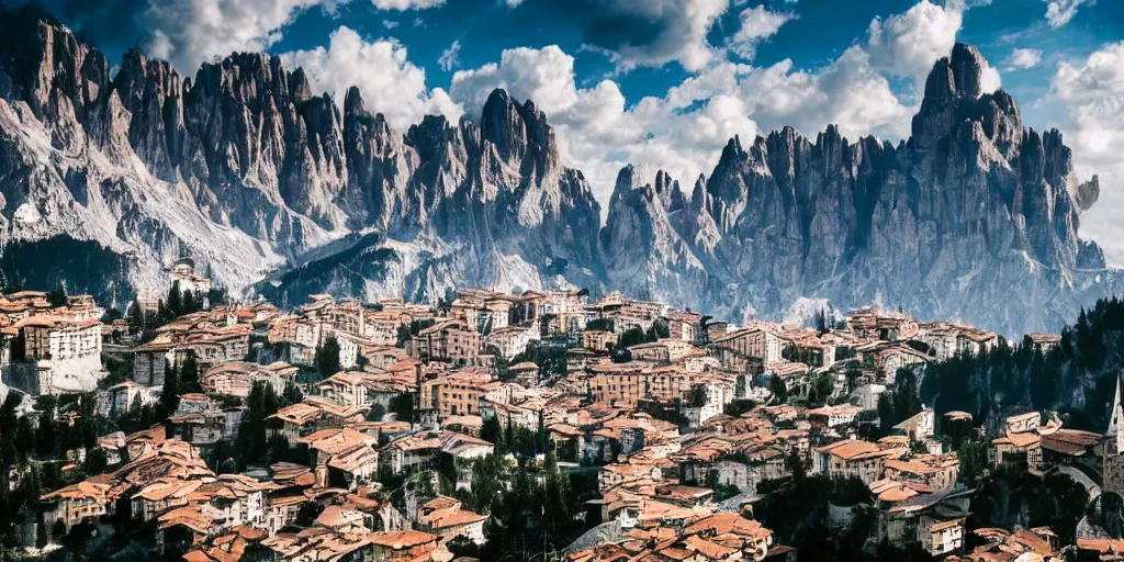 Image similar to a city in the dolomites, futuristic planes in the sky, cinematic