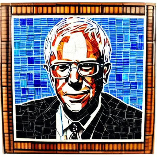 Prompt: tile mosaic mural of Bernie Sanders, intricate detailing, mostly triangular and geometric, beautiful high quality art,