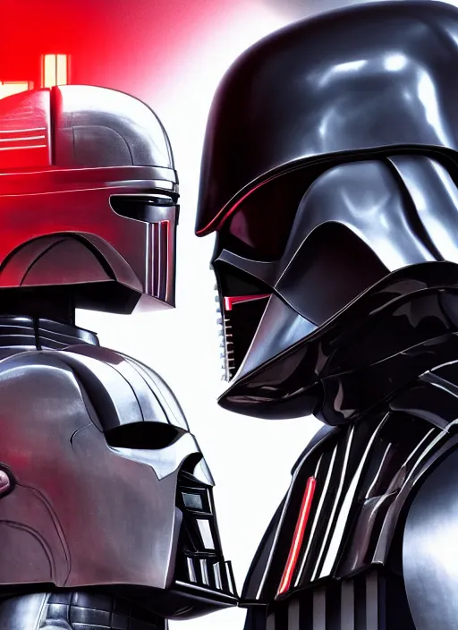 Image similar to Film poster, RoboCop VS Darth Vader, faces look at each other, detailed and realistic, 4k, filmic render