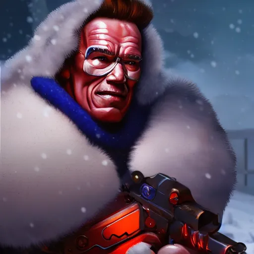 Image similar to a screenshot of arnold schwarzenegger as mei in the snow shooting frost gun in overwatch, portrait, fantasy, beautiful face, vivid colors, elegant, concept art, sharp focus, digital art, hyper - realistic, 4 k, unreal engine, highly detailed, hd, dramatic lighting by brom, trending on artstation