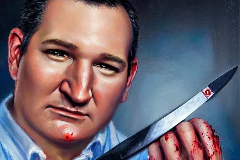 Image similar to portrait of ted cruz with a knife as the zodiac killer bloodied, an oil painting by ross tran and thomas kincade