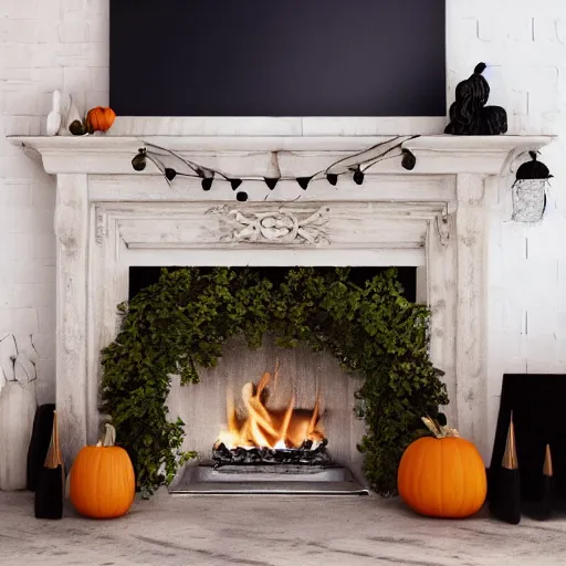 Prompt: a realistic photo of a fireplace mantle decorated for halloween, photorealism, dramatic lighting