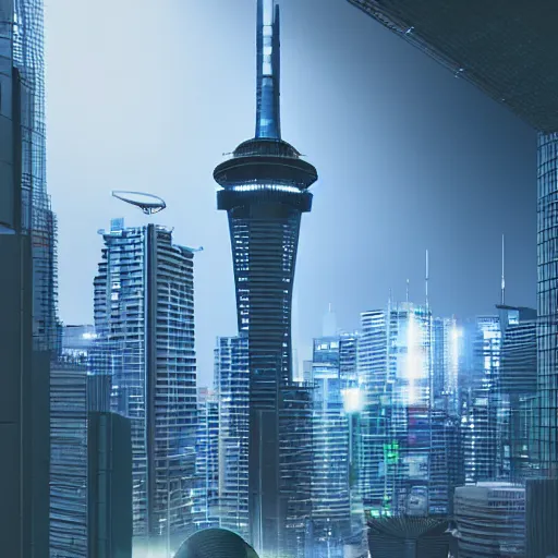 Image similar to auckland sky tower furturistic, green lighting, cyberpunk, evil, artstation, octane render