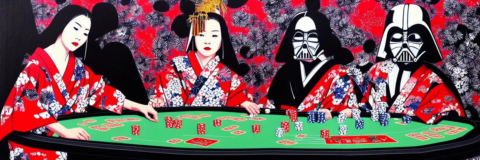 Image similar to hyperrealism composition of the detailed woman in a japanese kimono sitting at an extremely detailed poker table with darth vader and stormtrooper, fireworks on the background, pop - art style, jacky tsai style, andy warhol style, acrylic on canvas