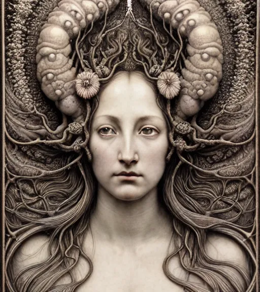 Image similar to detailed realistic beautiful spring goddess face portrait by jean delville, gustave dore, iris van herpen and marco mazzoni, art forms of nature by ernst haeckel, art nouveau, symbolist, visionary, gothic, neo - gothic, pre - raphaelite, fractal lace, intricate alien botanicals, ai biodiversity, surreality, hyperdetailed ultrasharp octane render