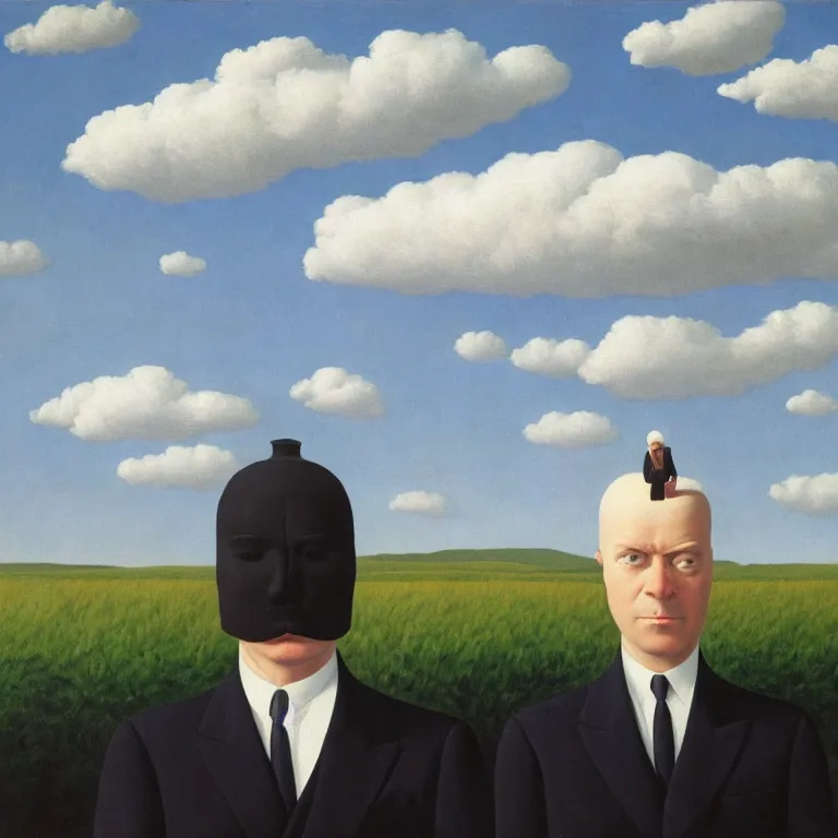 Image similar to portrait of a faceless chrome - head man in a suit and black gloves, clouds and nature landscape in the background, by rene magritte, detailed painting, distance, centered, hd, hq, high resolution, high detail, 4 k, 8 k