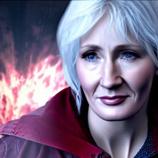 Image similar to JK Rowling as a character in Devil May Cry, film still, photorealistic, medium shot