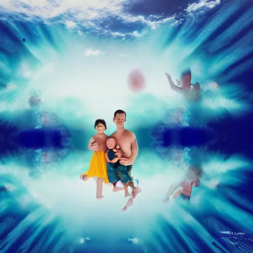 Prompt: film photography of a nuclear family in a zorb ball floating in front of colourful underwater clouds by Kim Keever, low shutter speed, 35mm