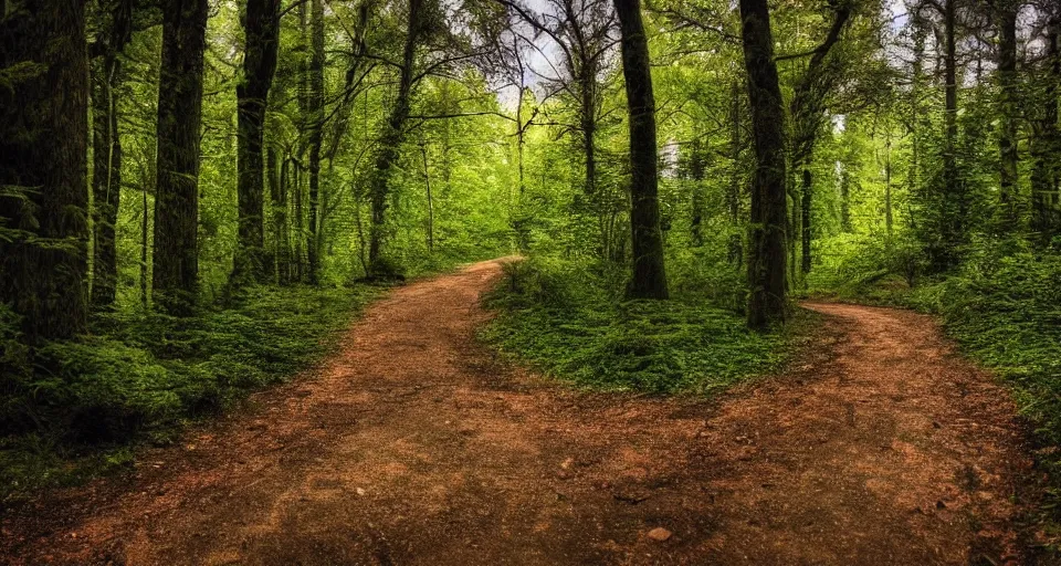 Image similar to A landscape photo of beautiful forest pathway scenery. PROMPT, XF IQ4, 150MP, 50mm, f/1.4, ISO 200, 1/160s, natural light, Adobe Photoshop, Adobe Lightroom, DxO Photolab, Corel PaintShop Pro, rule of thirds, symmetrical balance, depth layering, polarizing filter, Sense of Depth, AI enhanced