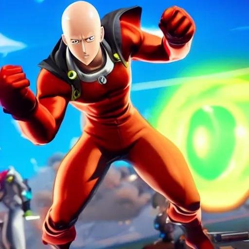 Image similar to one punch man in fortnite, character render, full body shot, highly detailed, in game render