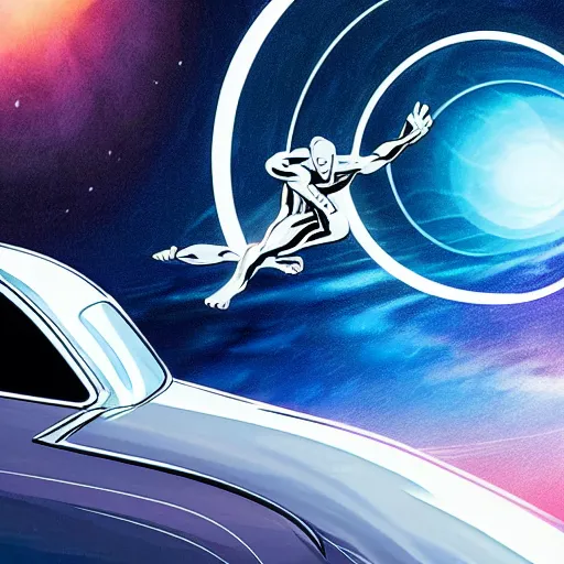 Prompt: silver surfer surfing on top of a car in space, heavy motion blur, steve ditko, 4k