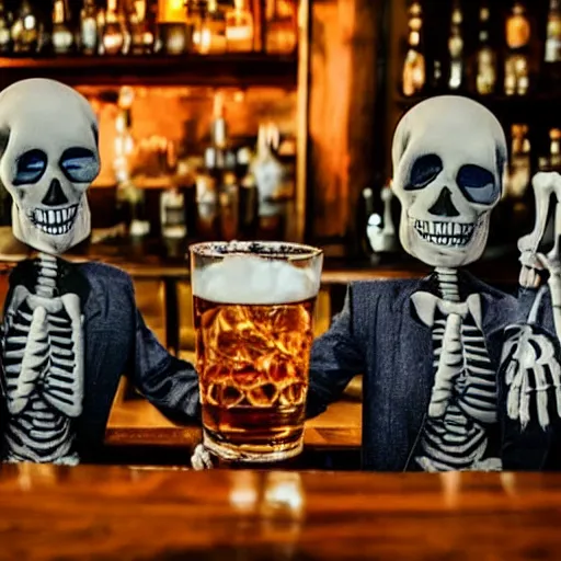 Image similar to two skeletons sitting at a bar drinking whiskey, dark