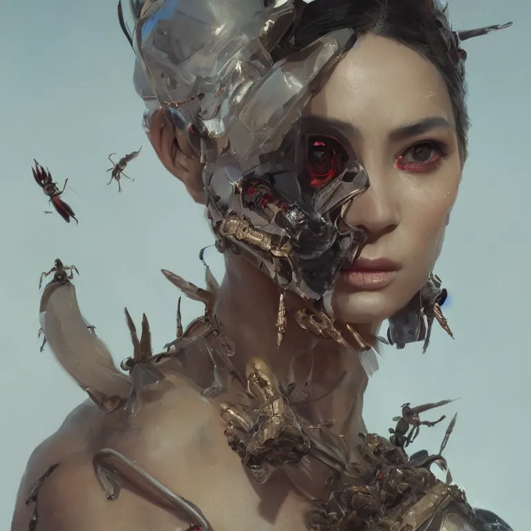 Image similar to a fancy portrait of half bug women by greg rutkowski, sung choi, mitchell mohrhauser, maciej kuciara, johnson ting, maxim verehin, peter konig, 8 k photorealistic, cinematic lighting, hd, high details, dramatic, atmosphereric, trending on artstation