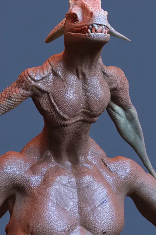 Image similar to a lizard person, dnd, 3 d render, unreal engine, volumetric lighting, artstation