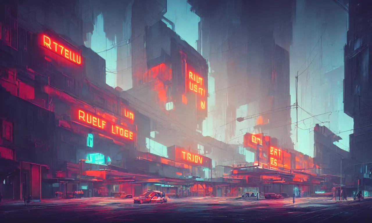 Prompt: brutalist architecture, colorful neon lighting, neon signs, raphael lacoste, eddie mendoza, alex ross, concept art, matte painting, highly detailed, rule of thirds, dynamic lighting, cinematic, detailed, denoised, centered