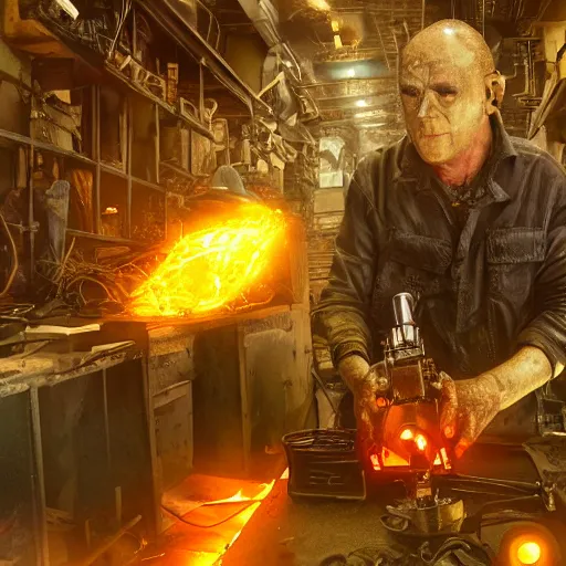 Image similar to half rusted old egg beater half stun - gun, balding older cyborg repairing, red hot soldering iron, dark messy smoke - filled cluttered workshop, dark, dramatic lighting, orange tint, cinematic, highly detailed, sci - fi, futuristic, movie still from blade runner