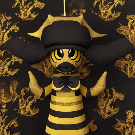 Prompt: a cute fumo plush dragon imp in a traditional patterned black and gold lined uniform, gothic, vray