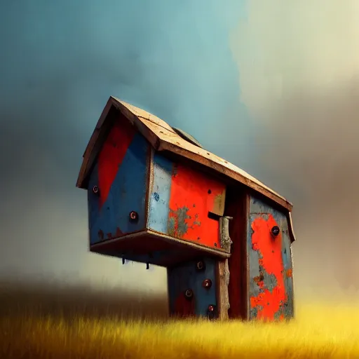 Prompt: a walking wood and metal house with two legs and one big eye, rust, hyperrealistic, highly detailed, cinematic, single ray of sun, morning, pareidolia, gravity falls style, red and blue, beautiful, cgssociety, artstation, 8 k, oil painting, digital art