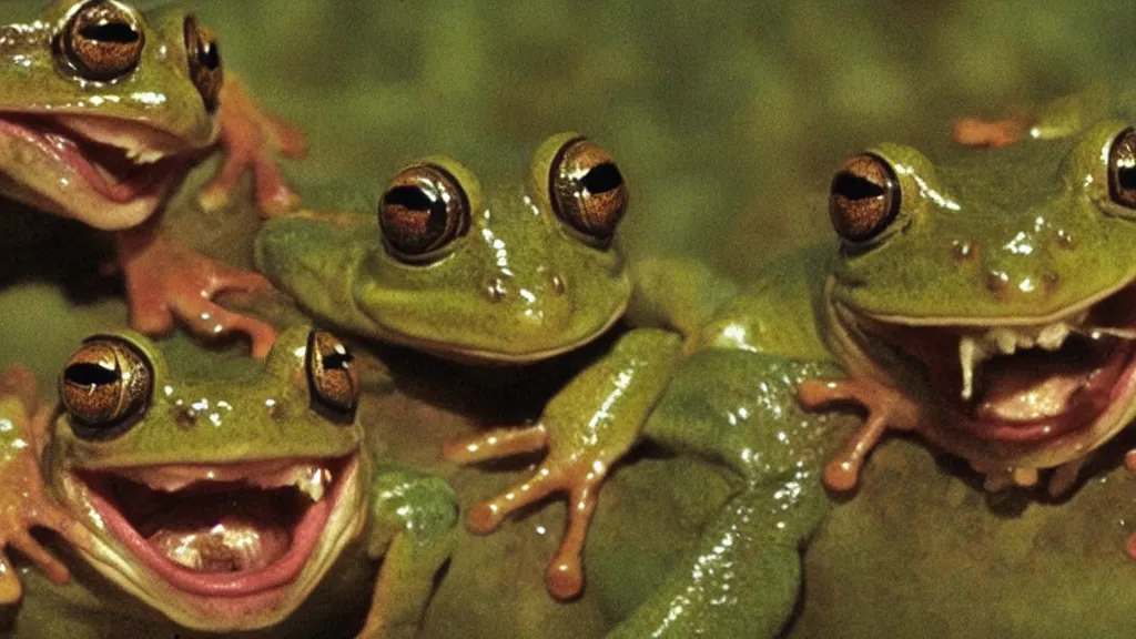 Prompt: A movie screenshot of frogs and toads (by Brian Froud) viciously eating each others guts, directed by Francis Ford Coppola, cinematic, balanced composition, terrifying. This is the sort of thing you'd find in hell. If you ever see this, you'll go insane.