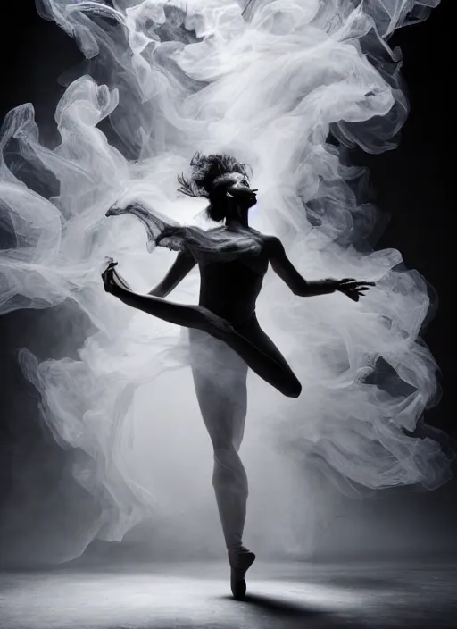 Image similar to a Photorealistic dramatic hyperrealistic render of a beautiful Female smoke dancer by Ken Brower and Deborah Ory of NYC Dance project,Lois Greenfield,Flowing cloth and smoke,Beautiful dynamic dramatic dark moody lighting,volumetric,shadows,cinematic atmosphere,Octane render,8K