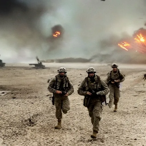 Image similar to american soldiers running at the camera during normandy beach landing with fiery explosions and debris all around them in the style of the movie lone survivor and saving private ryan, gritty, 4 k, cinematic lighting,