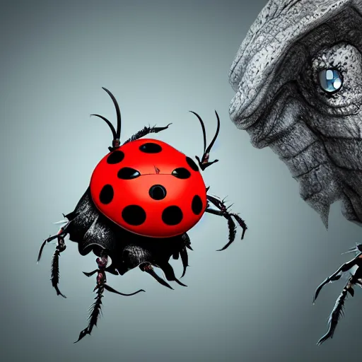 Prompt: high detail ladybug as a monster, fantasy art style, 4 k scary atmosphere, nightmare - like dream raytracing