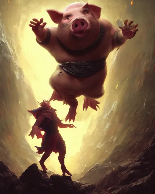 Prompt: oil painting of a Anthropomorphized pig sorcerer casting an epic spell, sharp focus, heroic pose, fantasy style, octane render, volumetric lighting, 8k high definition, by greg rutkowski, highly detailed, trending on art Station, magic the gathering artwork, centered