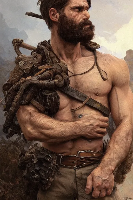 Image similar to portrait of a rugged ranger, muscular, upper body, hairy torso, D&D, fantasy, intricate, elegant, highly detailed, digital painting, artstation, concept art, matte, sharp focus, illustration, art by Artgerm and Greg Rutkowski and Alphonse Mucha