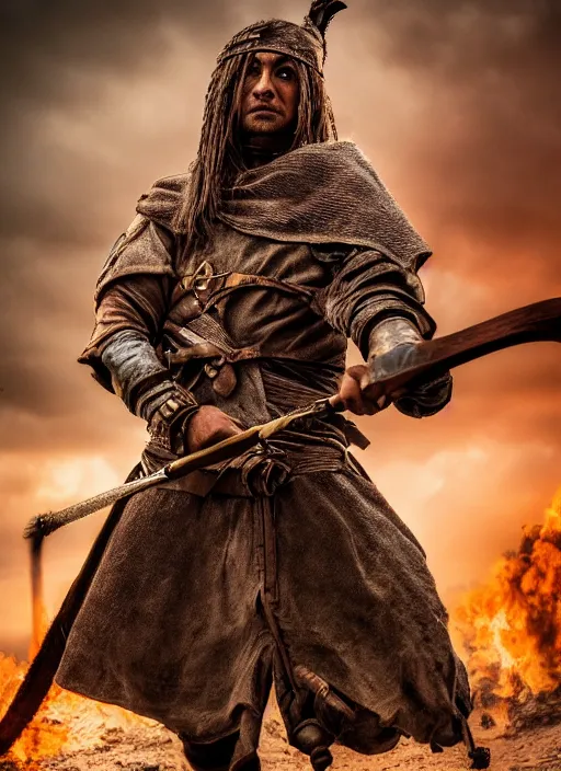 Image similar to photo of medieval tribal warrior ultra realistic, cinematic, full shot,