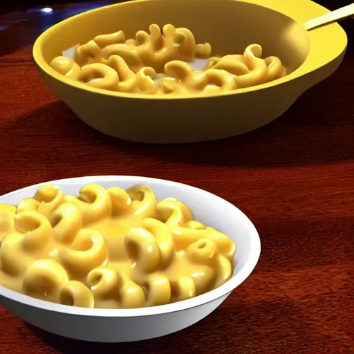 Prompt: A bowl of Mac and cheese, hyper realistic, ray tracing, gold yellow cheese,