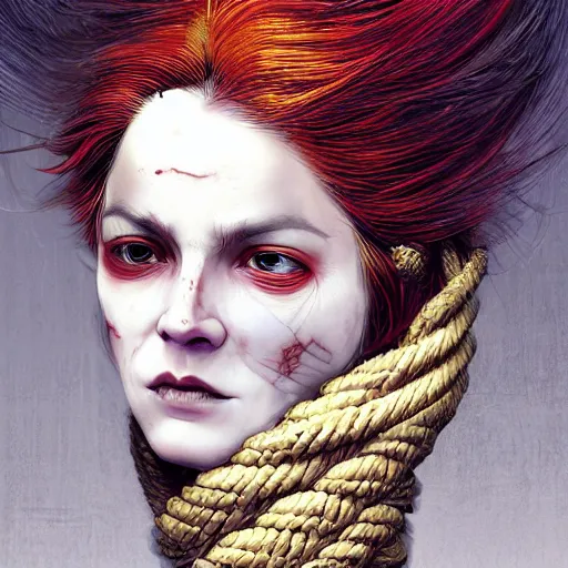 Image similar to portrait of a Shibari rope wrapped face and neck, headshot, insanely nice professional hair style, dramatic hair color, digital painting, of a old 15th century, old cyborg merchant, amber jewels, baroque, ornate clothing, scifi, realistic, hyperdetailed, chiaroscuro, concept art, art by Franz Hals and Jon Foster and Ayami Kojima and Amano and Karol Bak,