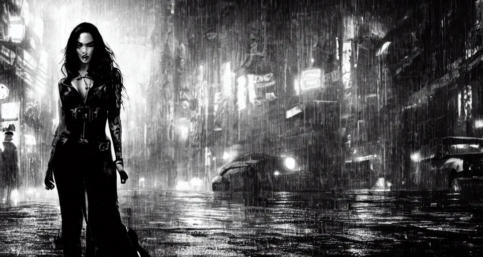 Image similar to a 2 8 mm closeup photo of megan fox posing as a vampire in emo clothing in a wet city street at night, intricate, hyper detailed, smooth, high contrast, neon, volumetric lighting, octane, moebius, greg rutkowski, blade runner, ripley scott, mad max, cindmatic