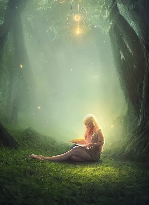 Image similar to portrait, gorgeous blond girl sits cross-legged in mystical misty forest, reading under a tree, fireflies and fairies illuminate the pages, dramatic lighting, cinematic, establishing shot, extremly high detail, foto realistic, cinematic lighting, post processed, concept art, artstation, matte painting, style by eddie mendoza, raphael lacoste, alex ross