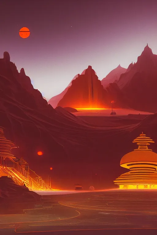 Image similar to tibetan temple glowing orange in canyon, geometric lines and planets in the sky, dramatic lighting, artstation, matte painting, ralph mcquarrie, simon stalenhag