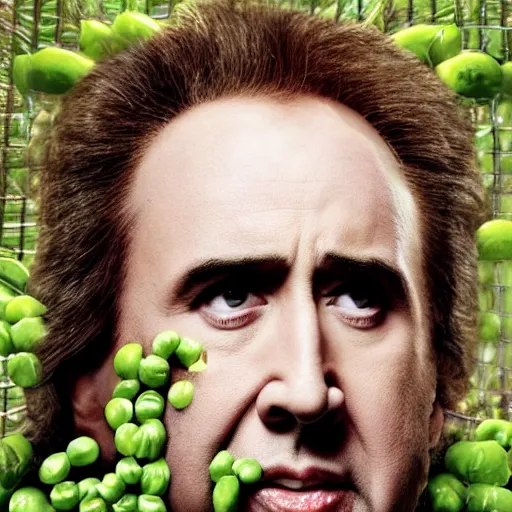 Image similar to nicolas cage trapped in a wicker cage with peas on his face, screaming, movie still, hdr