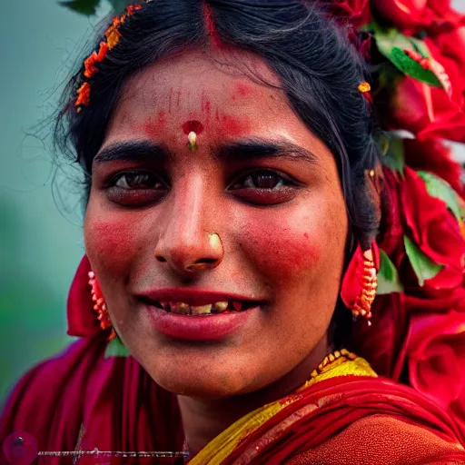 Image similar to realistic expired fuji film portrait of happy india hijra, red roses celestial vibe, hyperrealism, hypermaxiymalism, photorealistic, detailed, atmospheric, 8 k, award winning photography, cinematic