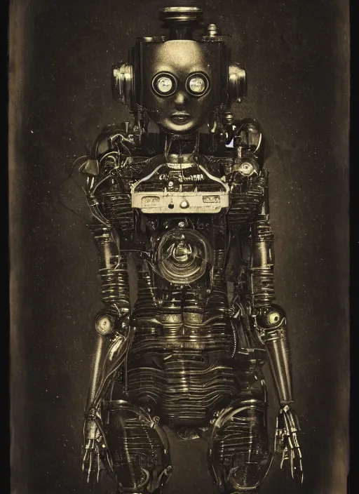 Prompt: old wetplate daguerreotype portrait of futuristic robot, dubbel negative exposure, explosion of data fragments, fractal, intricate, elegant, highly detailed, parallax, leica, medium format, subsurface scattering, by jheronimus bosch and greg rutkowski and louis jacques mande daguerre