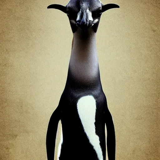 Image similar to a real photograph a hybrid mix between a penguin body, a giraffe neck, hyper detailed, photomanipulation, photoshop, unreal