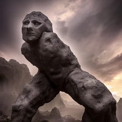 Prompt: a giant golem made out of stone in a fantasy world, game concept art ,award winning photography, illustration , HDR, natural lighting , dynamic pose, long shot, shot on Canon EOS R5, f/2.5,