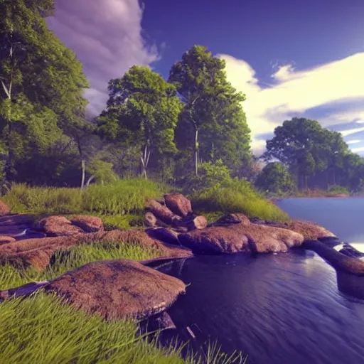 Image similar to a beautiful landscape, river, rocks, trees, volumetric lighting, octane render, nvidia raytracing demo