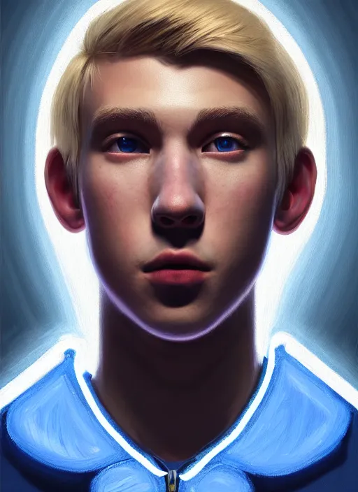 Image similar to portrait of high school senior boy named big moose, blonde short hair, jock, beefy, wide face, square jaw, square facial structure, blue varsity jacket with letter r, intricate, elegant, glowing lights, highly detailed, digital painting, artstation, concept art, sharp focus, illustration, art by wlop, mars ravelo and greg rutkowski