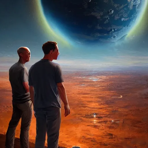 Prompt: portrait of elon musk, mark zuckerberg and jeff bezos together, looking at planet earth, very detailled, art contest winner on behance, trendy on deviant art, by by artgem, greg rutkowski