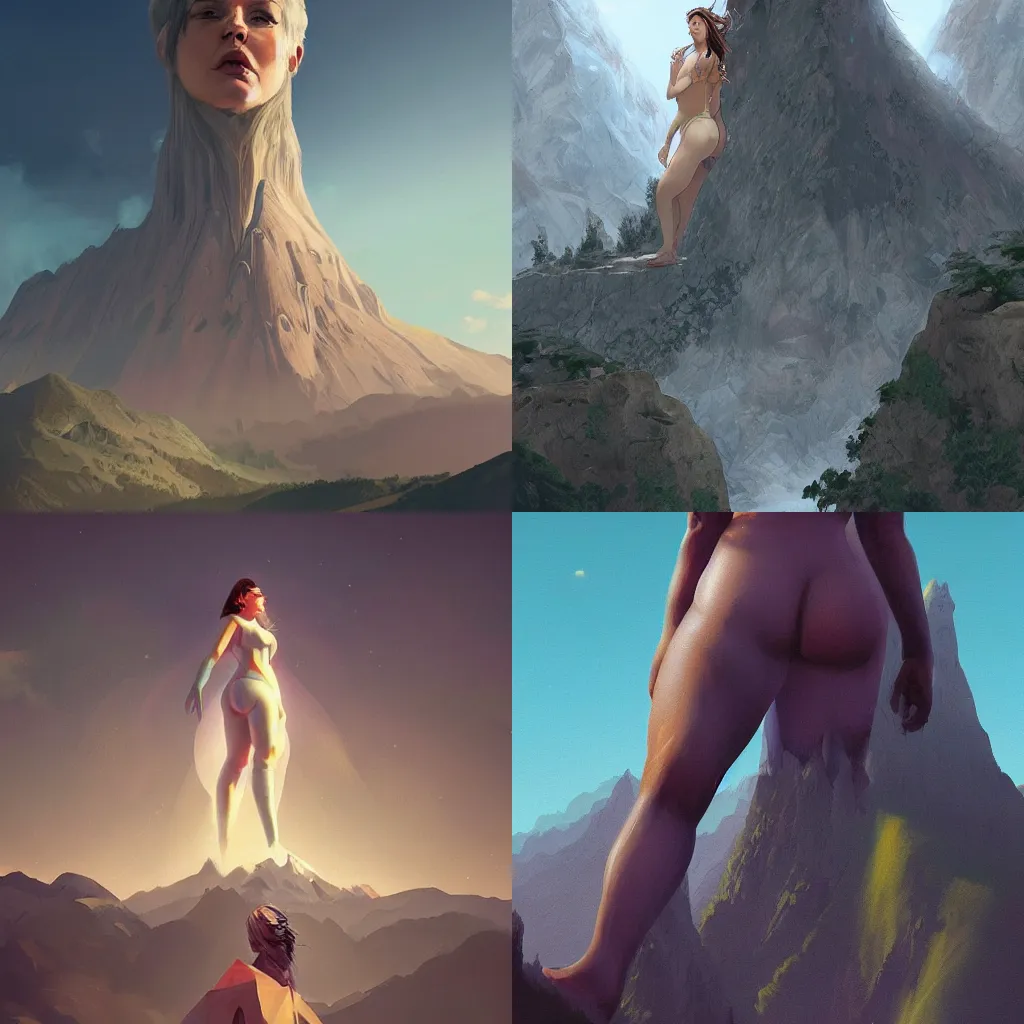 Prompt: A giant woman towering over a mountain. Gigantism, Digital Art, 2020, wlop