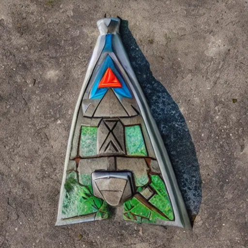 Image similar to legend of zelda master sword stuck in a stone, wide angle view