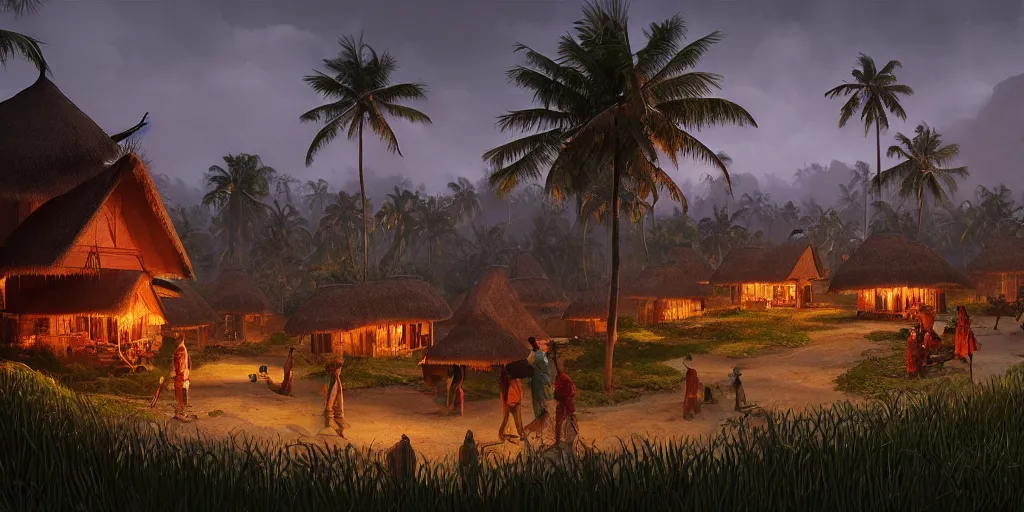 Prompt: establishing shot of a kerala village with thatched houses designed by zaha hadid, an epic fantasy, dramatic lighting, cinematic, extremely high detail, photorealistic, cinematic lighting, matte painting, artstation, by simon stalenhag, horizon forbidden west