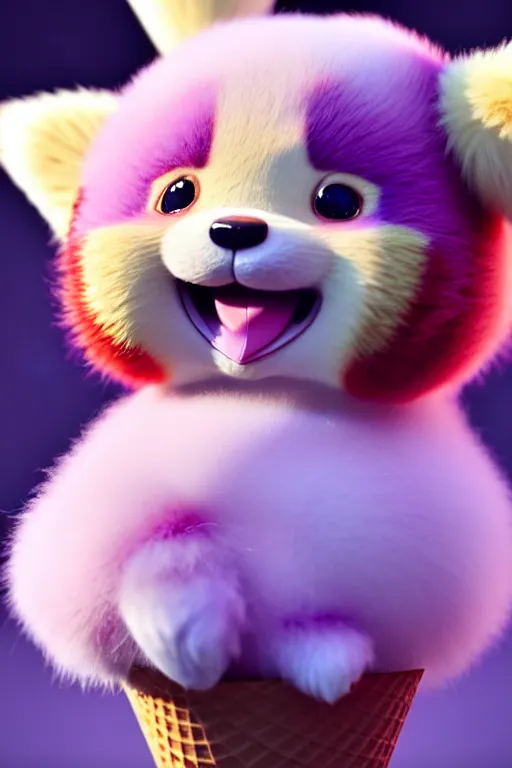 Image similar to high quality 3 d render hyperrealist very cute pastel fluffy! red panda & kaola hybrid eating giant ice cream full body, vray smooth, in the style of detective pikachu, hannah yata charlie immer, very dramatic violet light, low angle, uhd 8 k, shallow depth or field